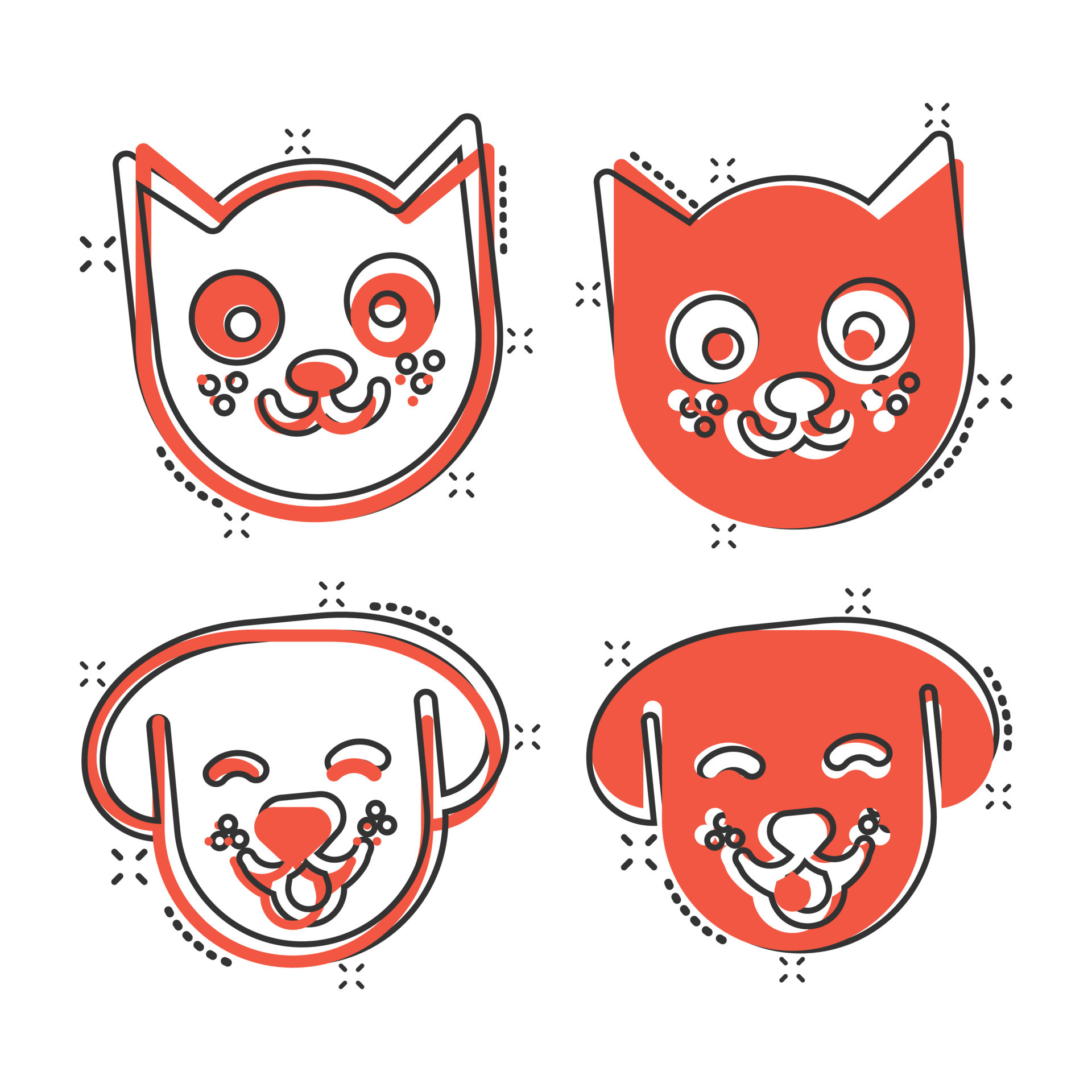 Dog and cat icon in comic style. Animal head cartoon vector