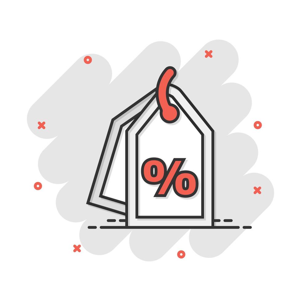 Vector cartoon discount percent tag icon in comic style. Price sale concept illustration pictogram. Promotion coupon business splash effect concept.