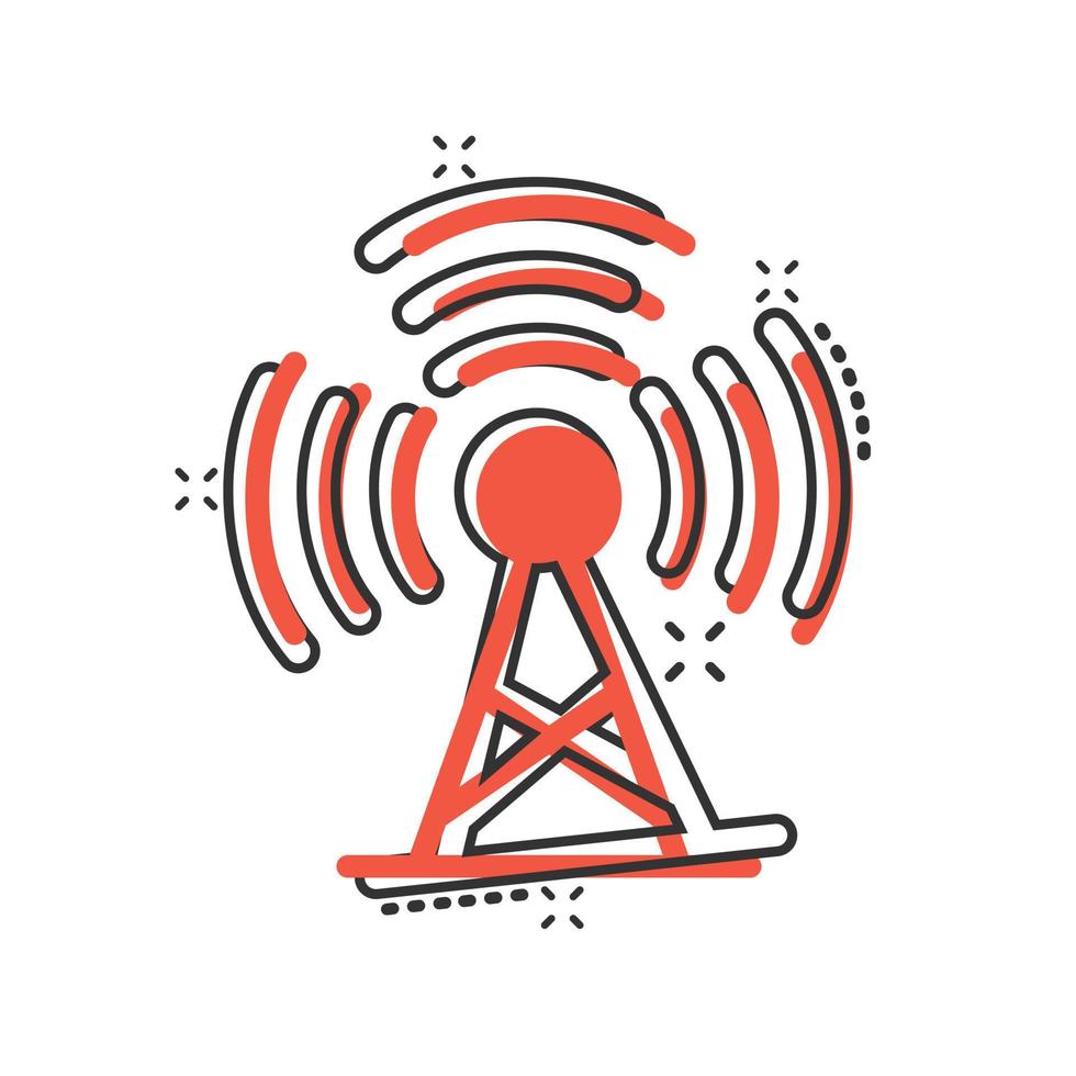 Antenna tower icon in comic style. Broadcasting cartoon vector illustration on white isolated background. Wifi splash effect business concept.