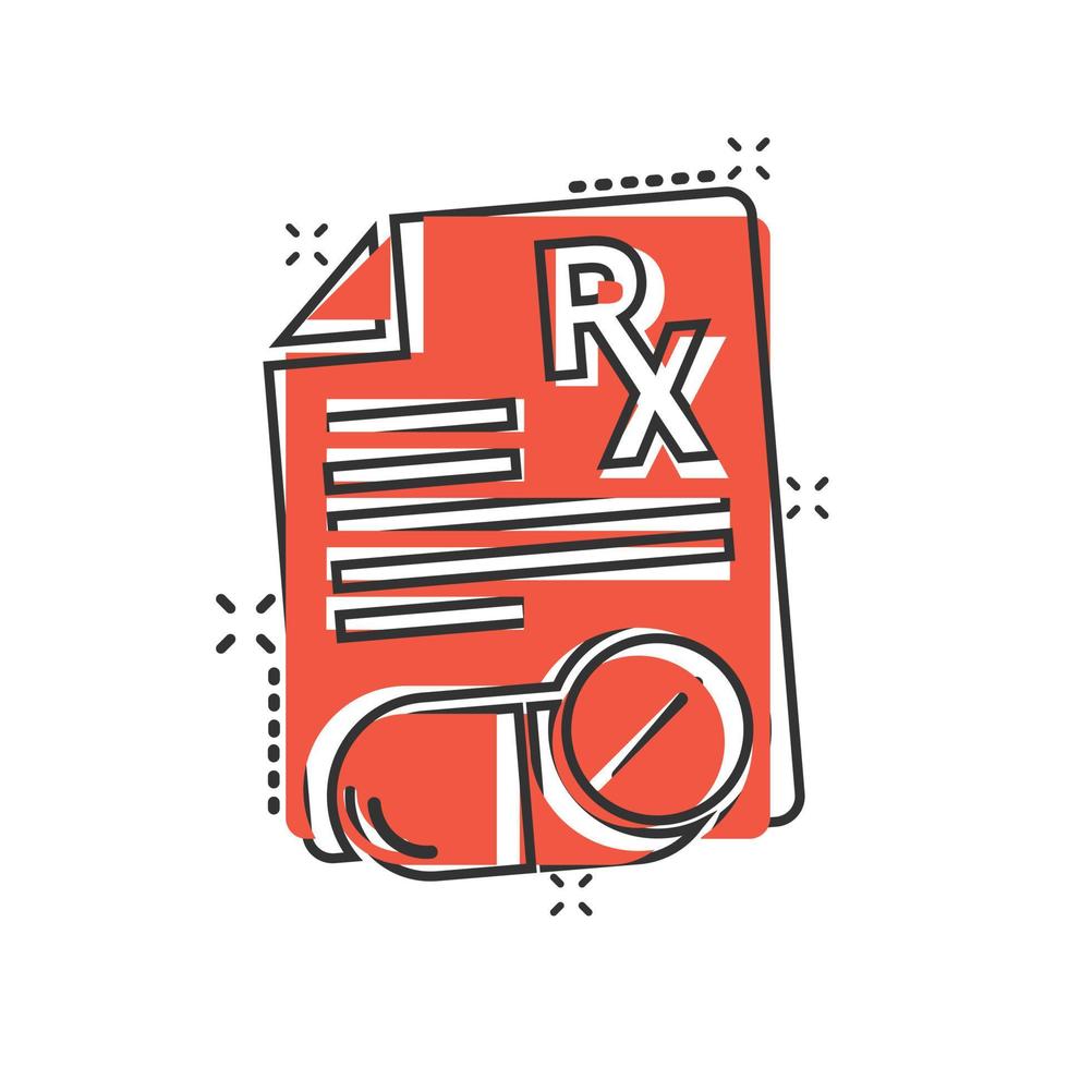 Prescription icon in comic style. Rx document cartoon vector illustration on white isolated background. Paper splash effect business concept.