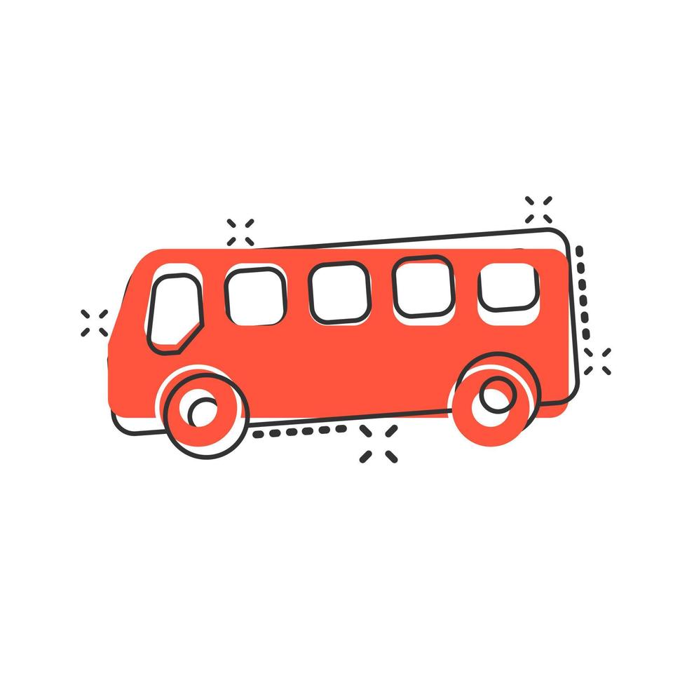 School bus icon in comic style. Autobus vector cartoon illustration on white isolated background. Coach transport business concept splash effect.