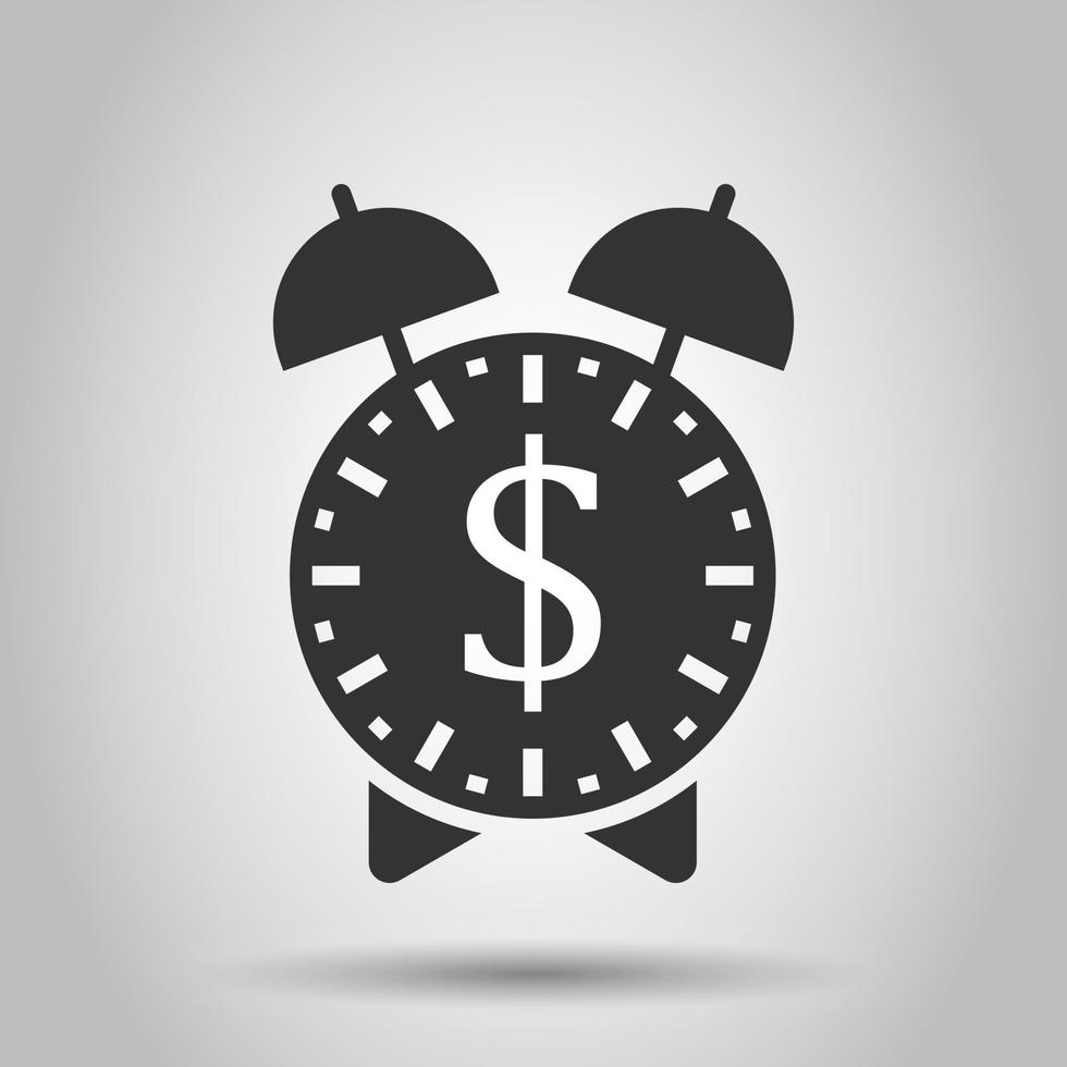 Time is money icon in flat style. Clock with dollar vector illustration on white isolated background. Currency business concept.