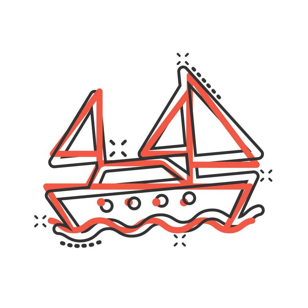 icono de barco de turismo en estilo cómico. ilustración de vector de dibujos animados de barco de pesca sobre fondo blanco aislado. concepto de negocio de efecto de salpicadura de destino de petrolero.