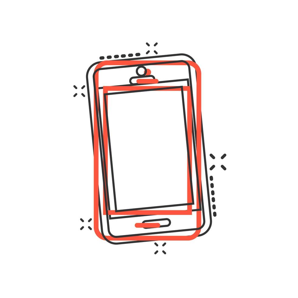 icono de signo de dispositivo de teléfono en estilo cómico. ilustración de dibujos animados de vector de teléfono inteligente sobre fondo blanco aislado. efecto de salpicadura del concepto de negocio telefónico.