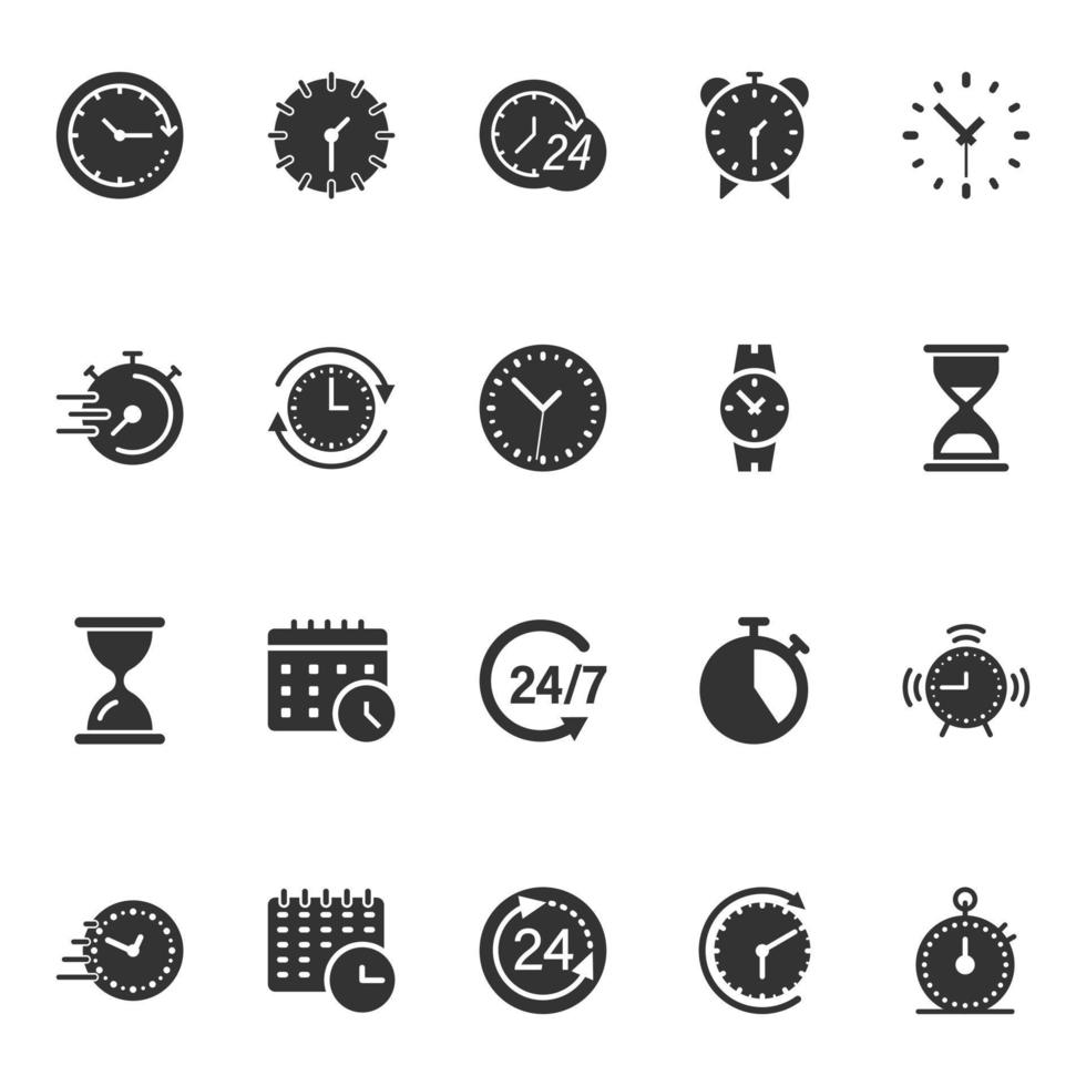 Time icon set in flat style. Agenda clock vector illustration on white isolated background. Sandglass, wristwatch timer business concept.