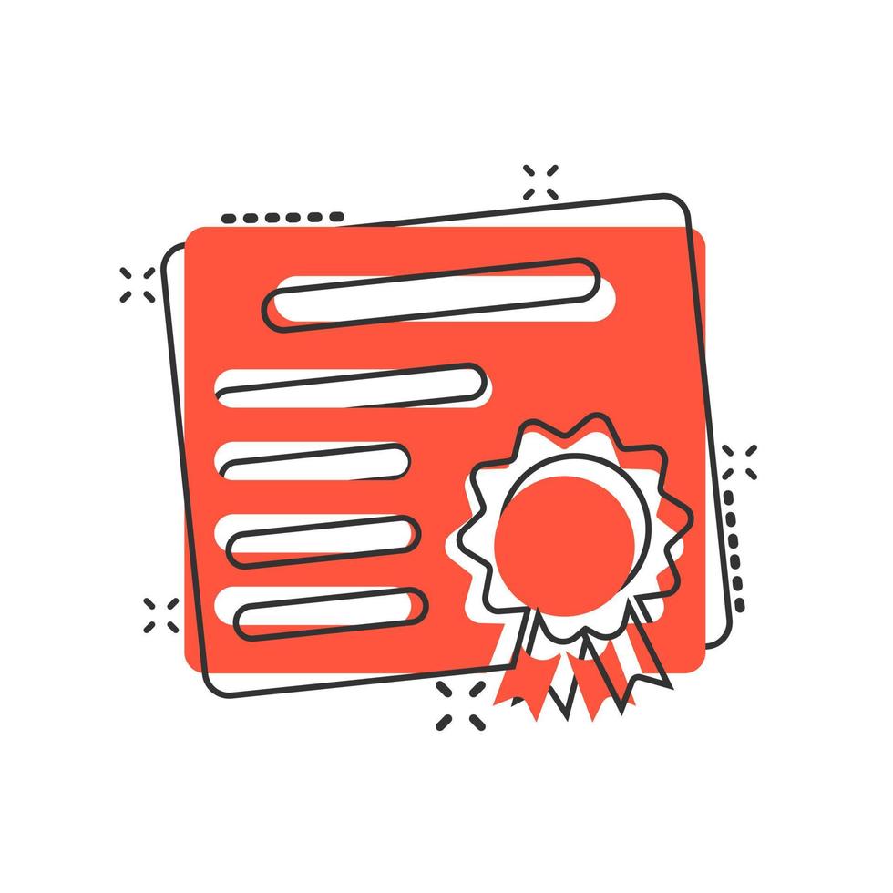 Certificate icon in comic style. License badge vector cartoon illustration on white isolated background. Winner medal splash effect business concept.