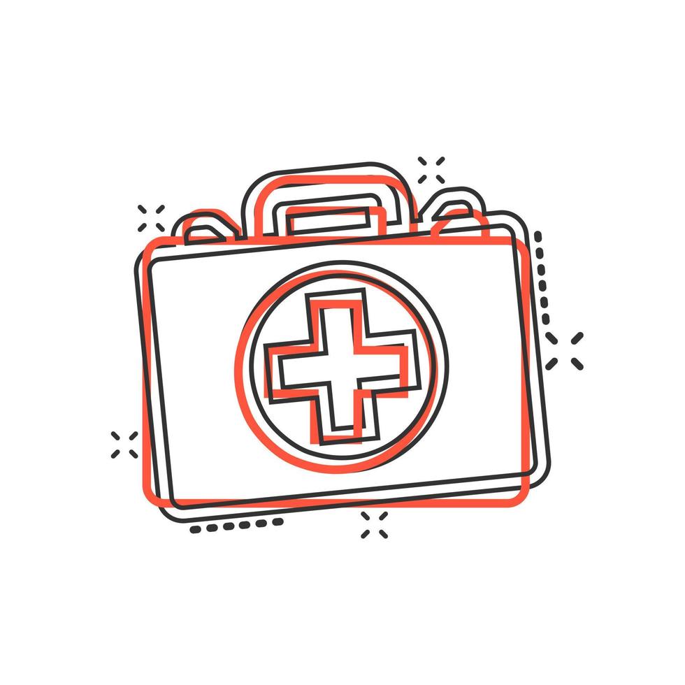 First aid kit icon in comic style. Health, help and medical diagnostics vector cartoon illustration on white isolated background. Doctor bag business concept splash effect.