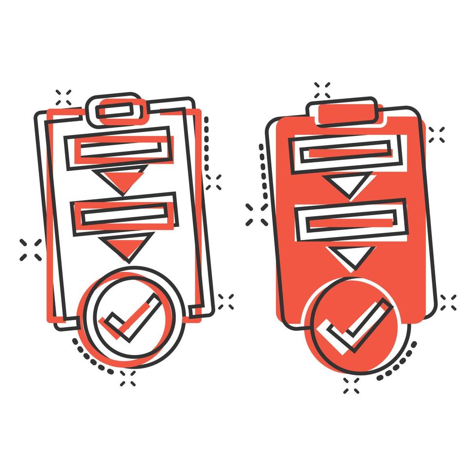 Procedure list icon in comic style. Document project cartoon vector illustration on white isolated background. Checklist splash effect business concept.