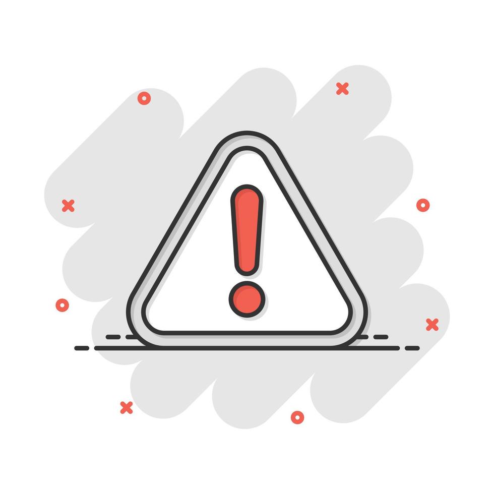 Exclamation mark icon in comic style. Danger alarm vector cartoon illustration pictogram. Caution risk business concept splash effect.