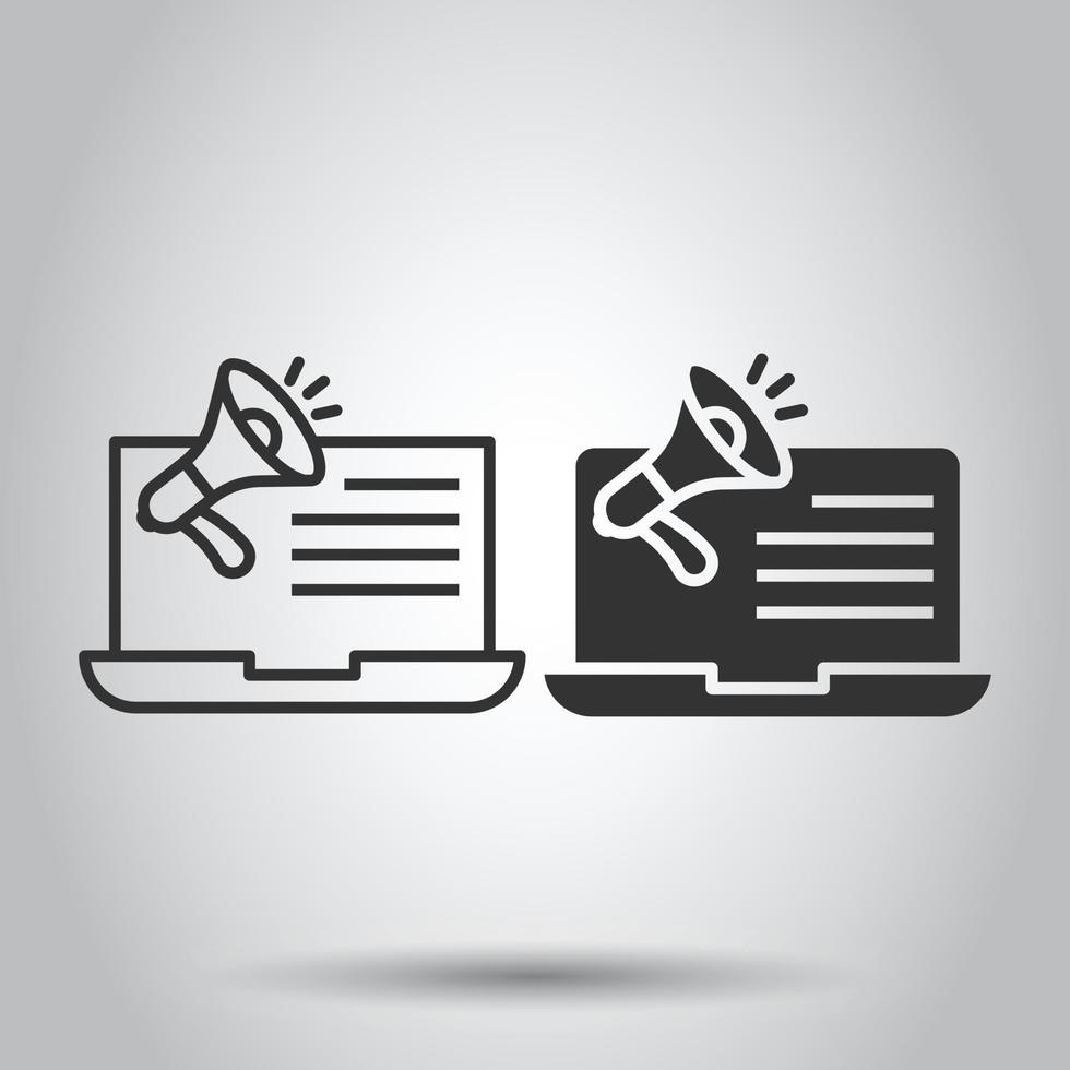 Laptop with megaphone speaker icon in flat style. Notebook bullhorn vector illustration on white isolated background. Computer subscribe business concept.
