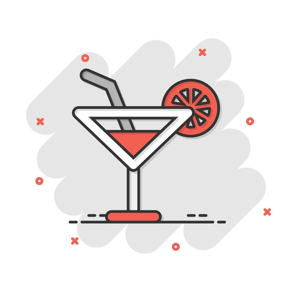 icono de cóctel de alcohol en estilo cómico. beber vidrio vector ilustración de dibujos animados sobre fondo blanco aislado. efecto de salpicadura del concepto de negocio líquido martini.