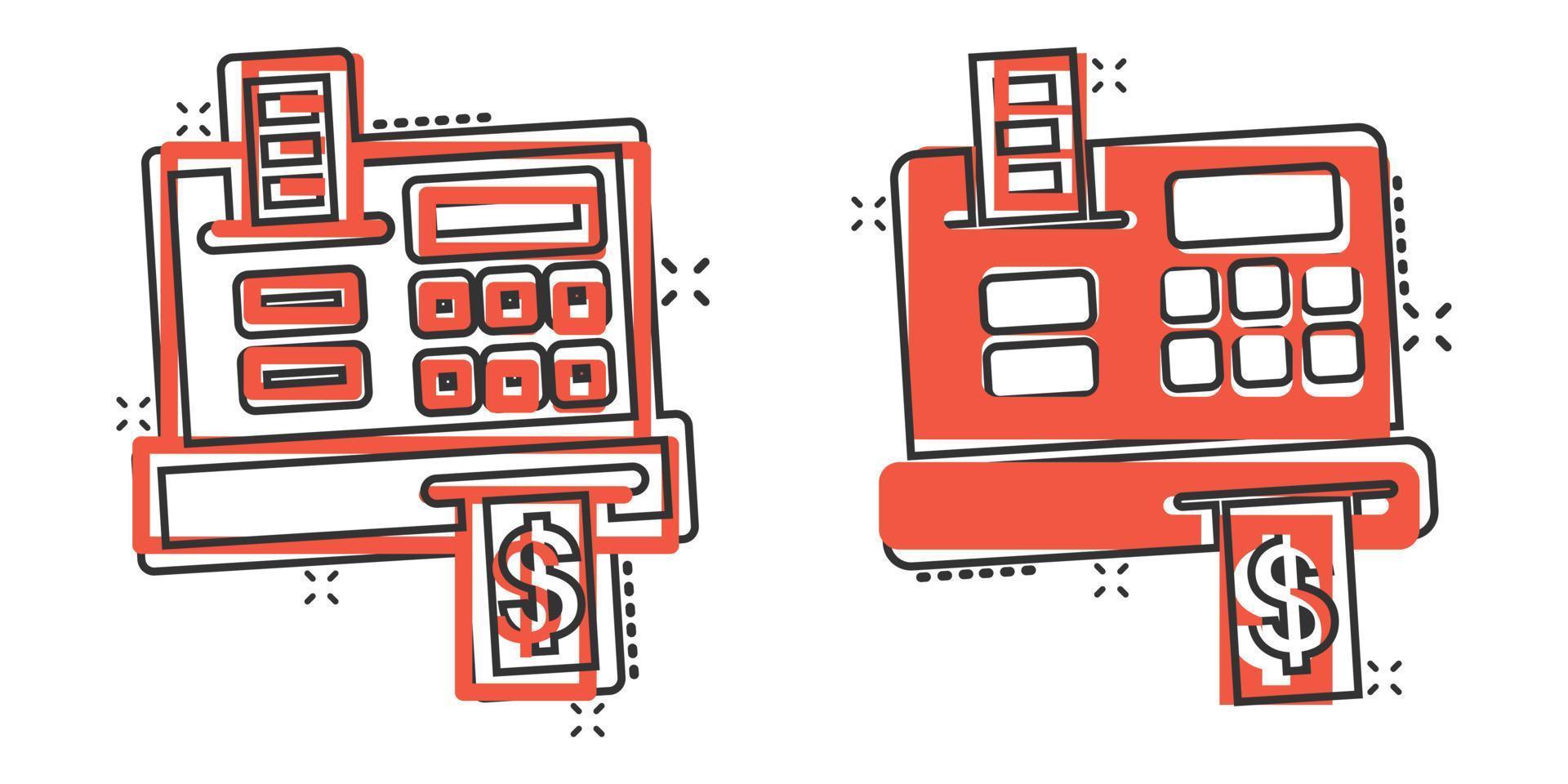 Cash register icon in comic style. Check machine cartoon vector illustration on white isolated background. Payment splash effect business concept.
