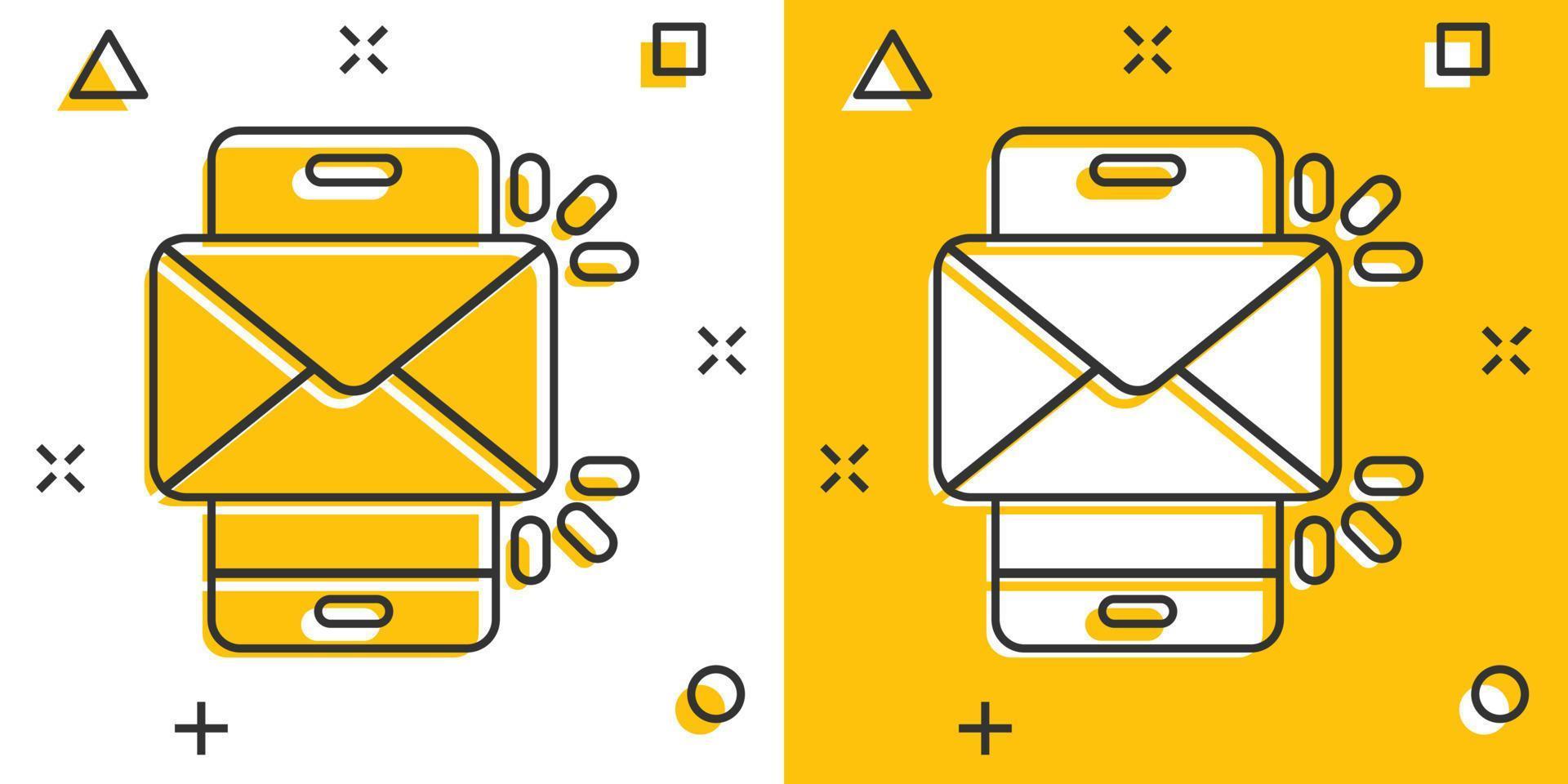 Message on smartphone icon in comic style. Mail with phone cartoon vector illustration on white isolated background. Envelope splash effect business concept.