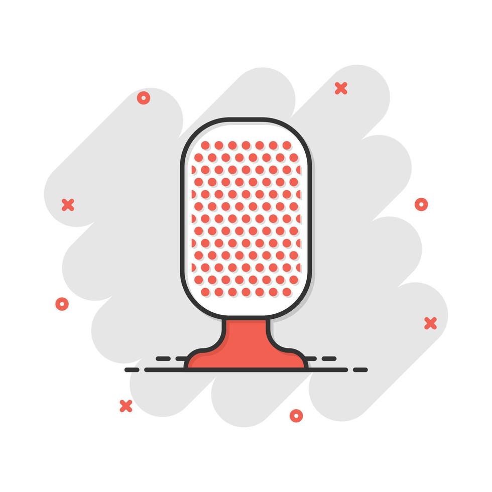 Microphone icon in comic style. Mic broadcast vector cartoon illustration pictogram. Microphone mike speech business concept splash effect.