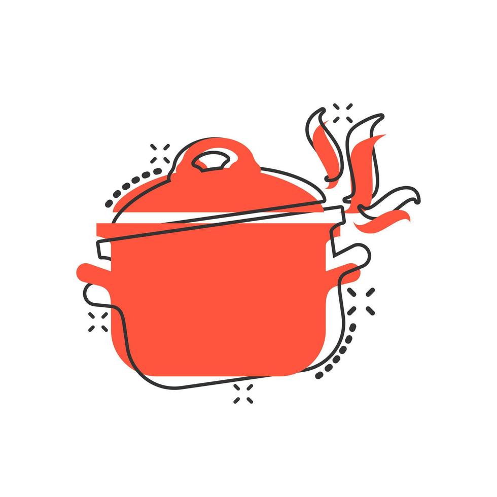 Vector cartoon cooking pan icon in comic style. Kitchen pot concept illustration pictogram. Saucepan equipment business splash effect concept.