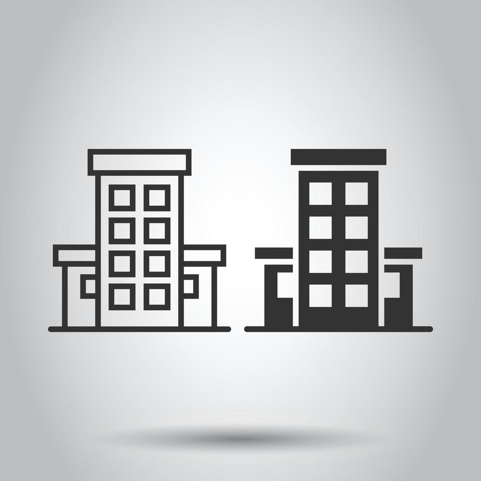 Building icon in flat style. Town skyscraper apartment vector illustration on white isolated background. City tower business concept.