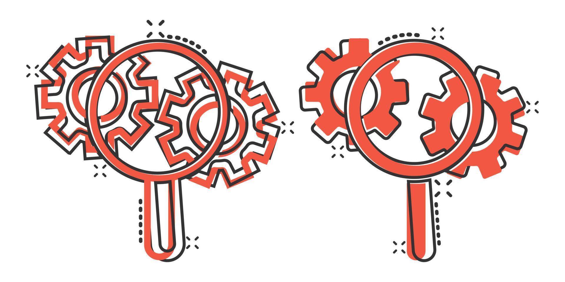 Loupe with gear icon in comic style. Magnifying glass cartoon vector illustration on white isolated background. Seo exploration splash effect business concept.