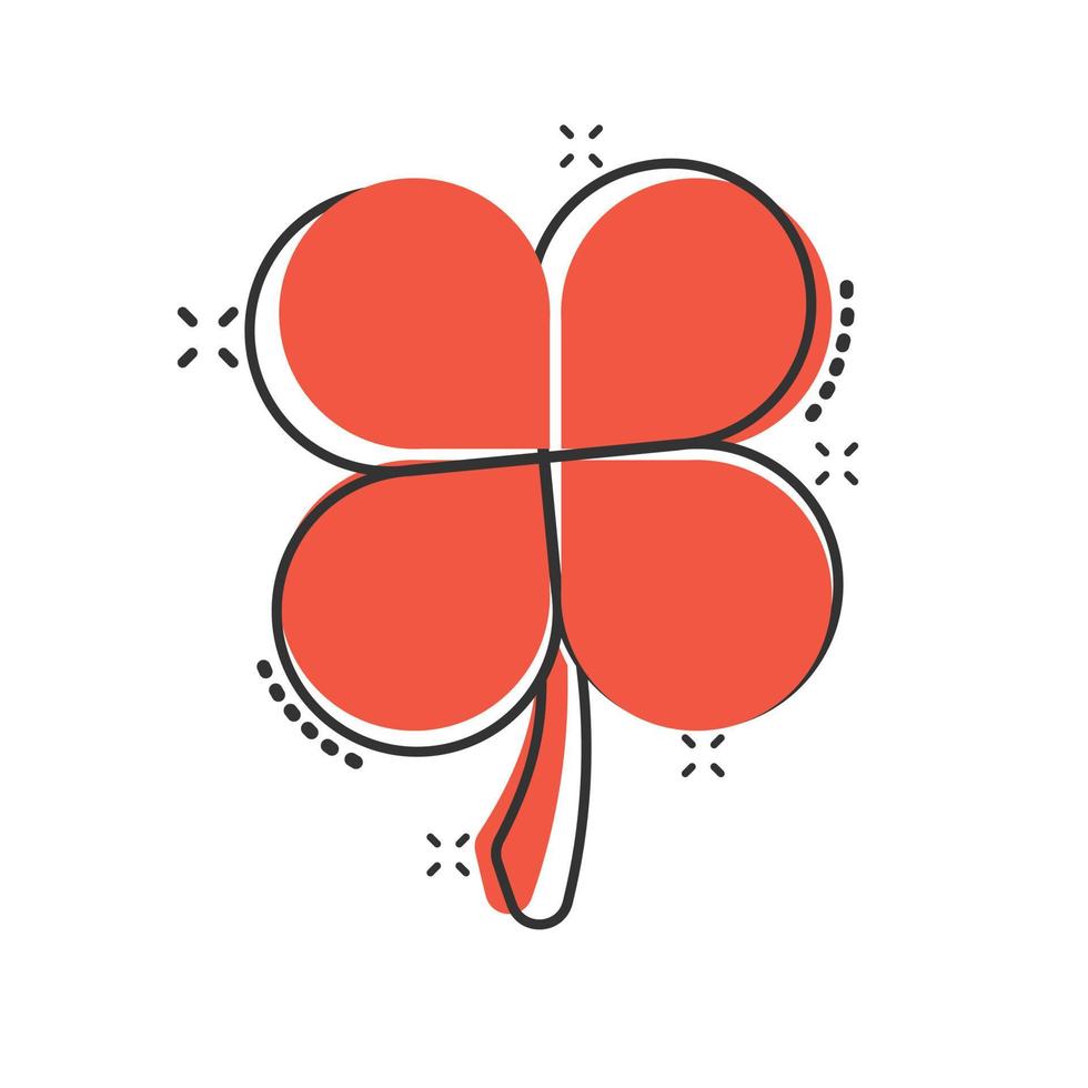 Four leaf clover icon in comic style. St Patricks Day cartoon vector illustration on white isolated background. Flower shape splash effect business concept.