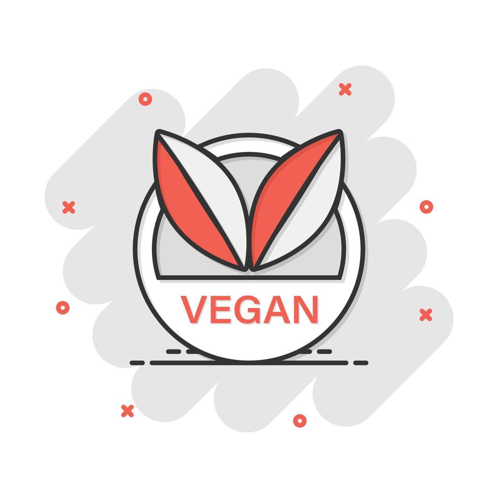 icono de insignia de etiqueta vegana de dibujos animados vectoriales en estilo cómico. pictograma de ilustración de concepto de sello vegetariano. concepto de efecto de salpicadura de negocio de alimentos naturales ecológicos. vector
