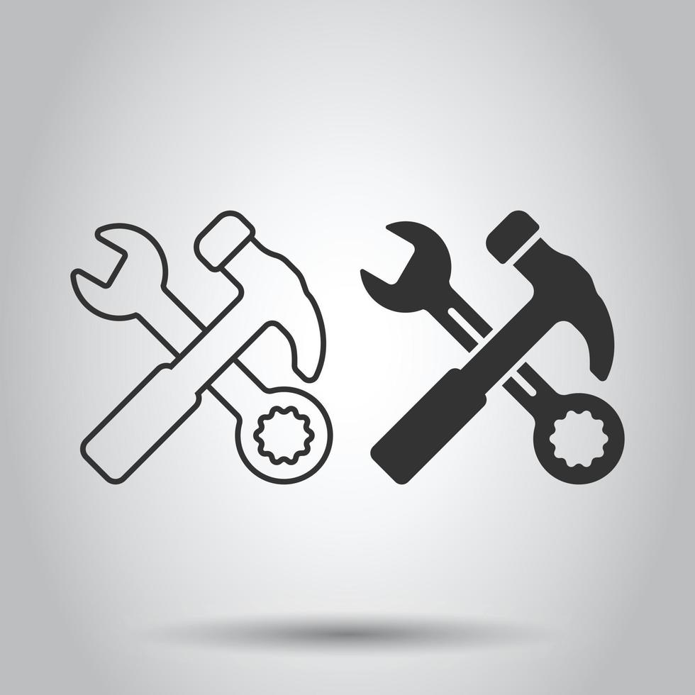 Hammer with wrench icon in flat style. Work instrument vector illustration on white isolated background. Repair equipment business concept.