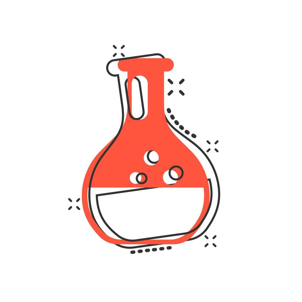 los vasos de precipitados de química firman un icono en estilo cómico. ilustración de dibujos animados de vector de tubo de ensayo de matraz sobre fondo blanco aislado. efecto de salpicadura del concepto de negocio de alquimia.