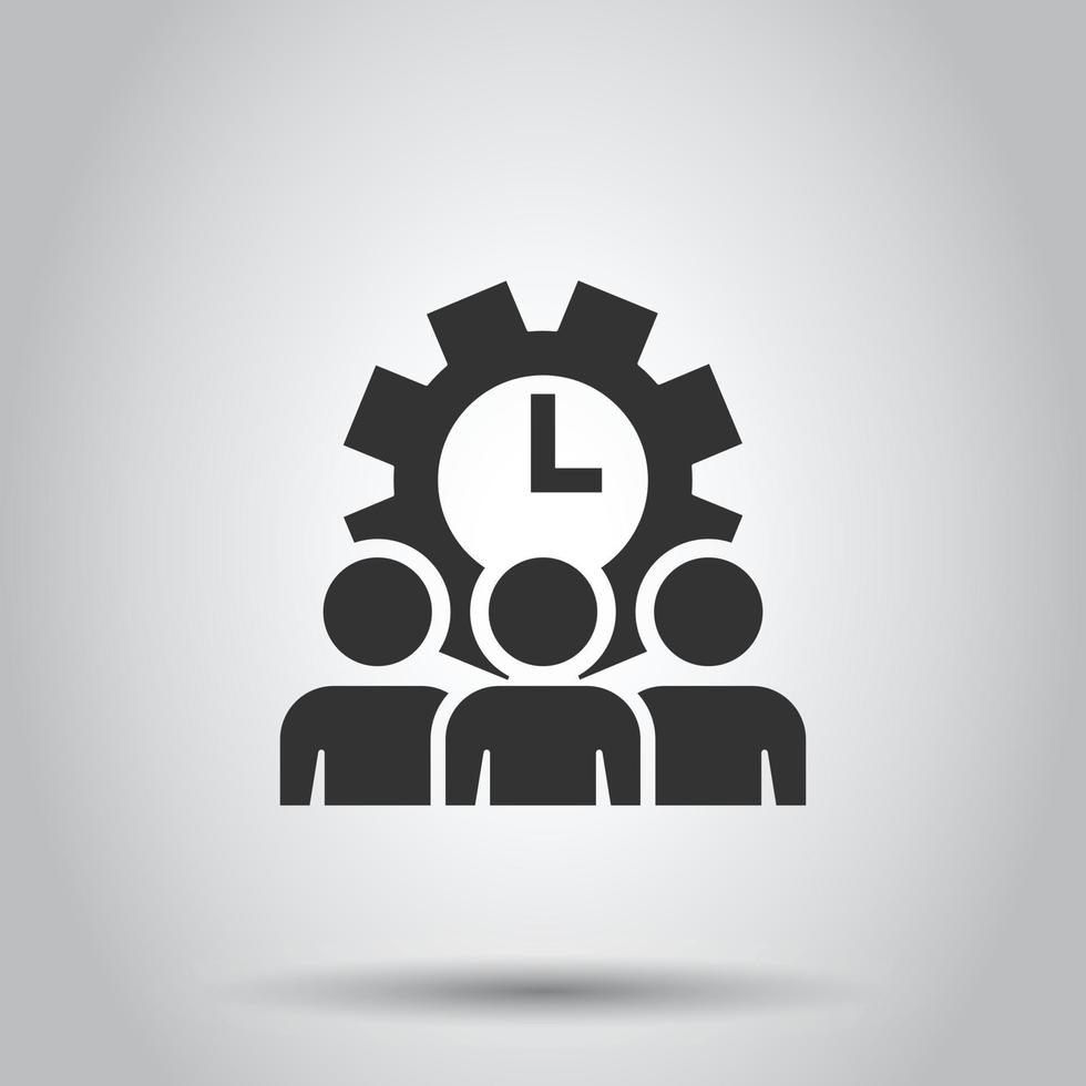 icono de personas y reloj en estilo plano. engranaje con ilustración de vector de usuario sobre fondo blanco aislado. concepto de negocio de empresario.