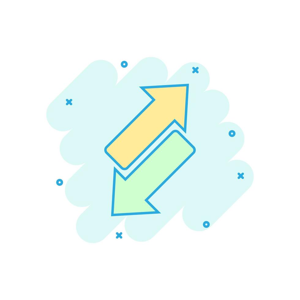 Reverse arrow sign icon in comic style. Refresh vector cartoon illustration on white isolated background. Reload business concept splash effect.