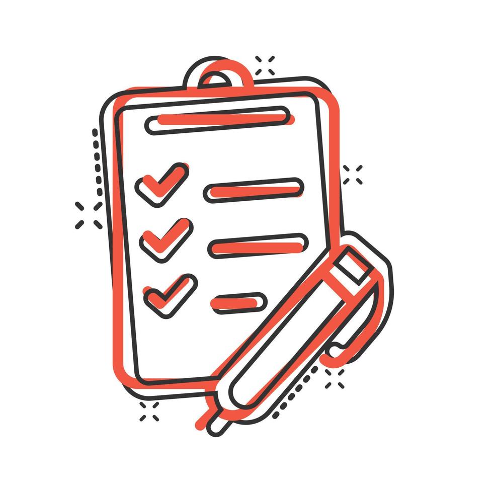 To do list icon in comic style. Document checklist cartoon vector illustration on white isolated background. Notepad check mark splash effect business concept.