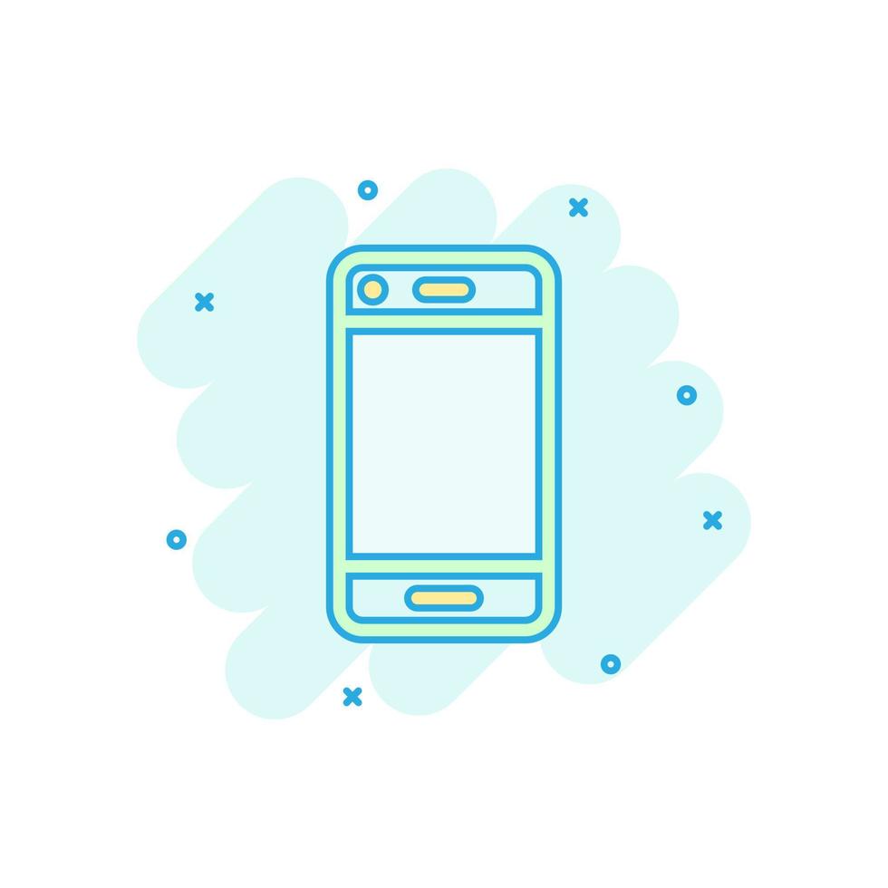 icono de signo de dispositivo de teléfono en estilo cómico. ilustración de dibujos animados de vector de teléfono inteligente sobre fondo blanco aislado. efecto de salpicadura del concepto de negocio telefónico.