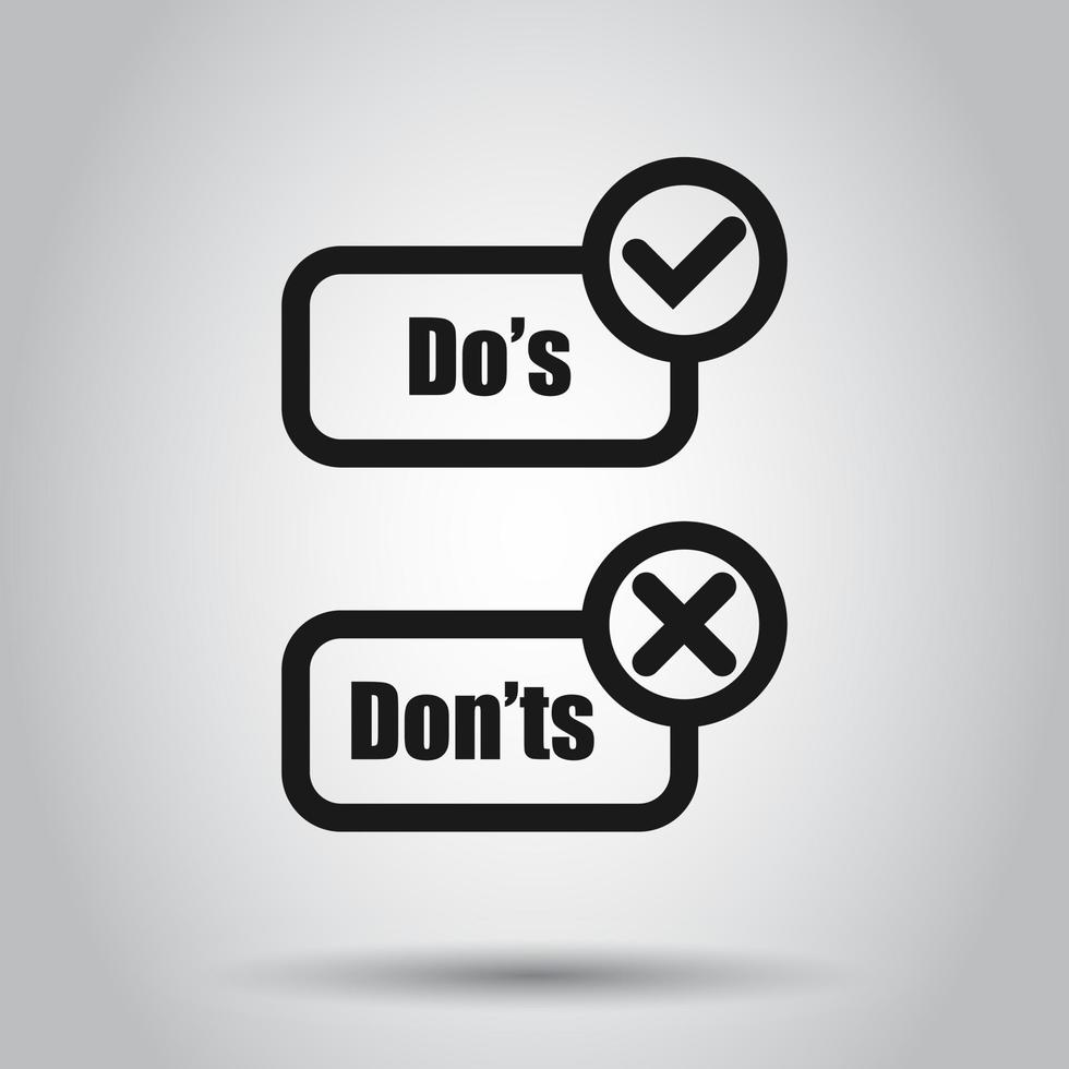 Do's and don'ts sign icon in flat style. Like, unlike vector illustration on isolated background. Yes, no business concept.