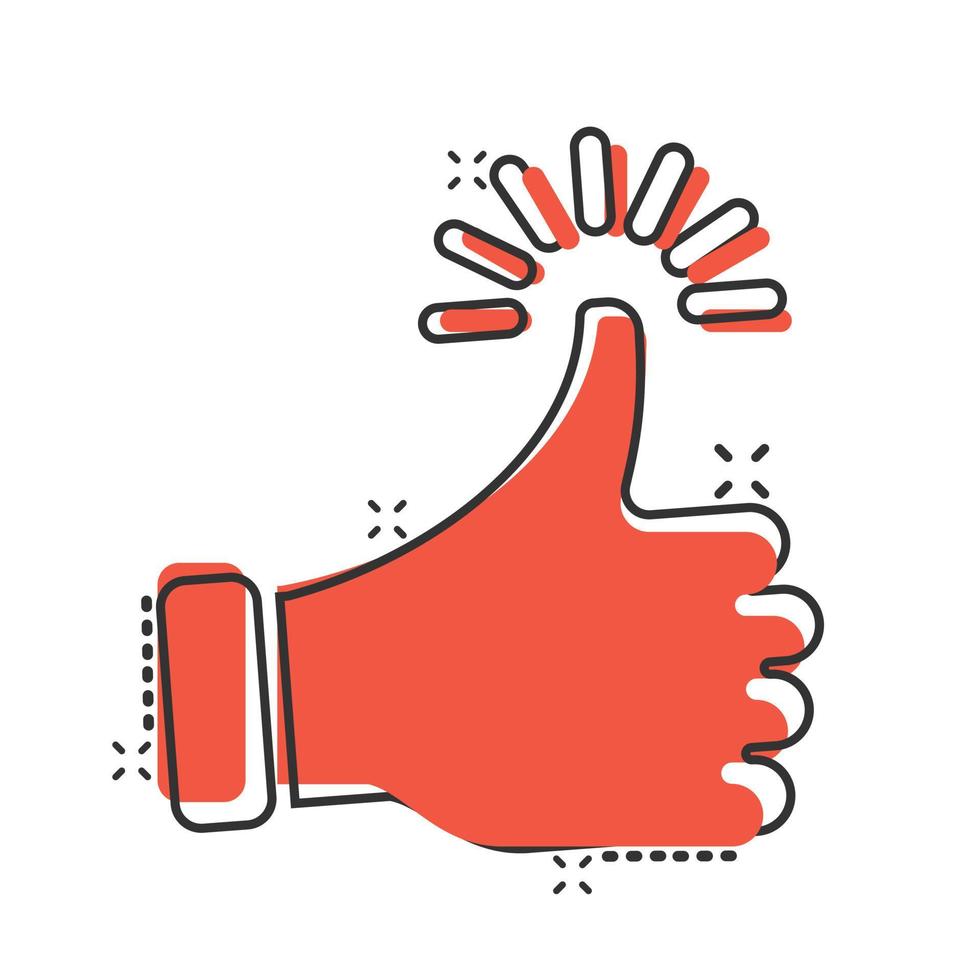Thumb up icon in comic style. Like gesture cartoon vector illustration on white isolated background. Approval mark splash effect business concept.