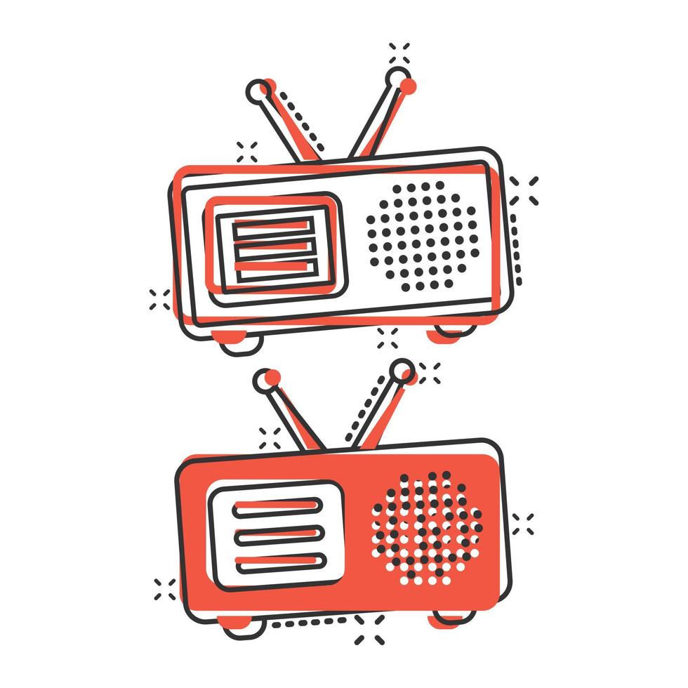 Radio icon in comic style. Fm broadcast cartoon vector illustration on white isolated background. Radiocast splash effect business concept.