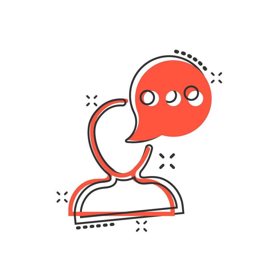Man head mind thinking icon in comic style. Speech bubble with people vector cartoon illustration on white isolated background. Contemplating dialog business concept splash effect.