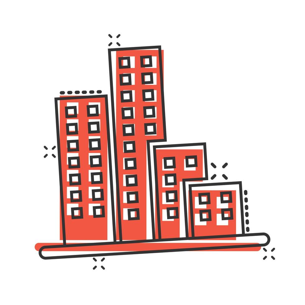 Building icon in comic style. Town skyscraper apartment cartoon vector illustration on white isolated background. City tower splash effect business concept.