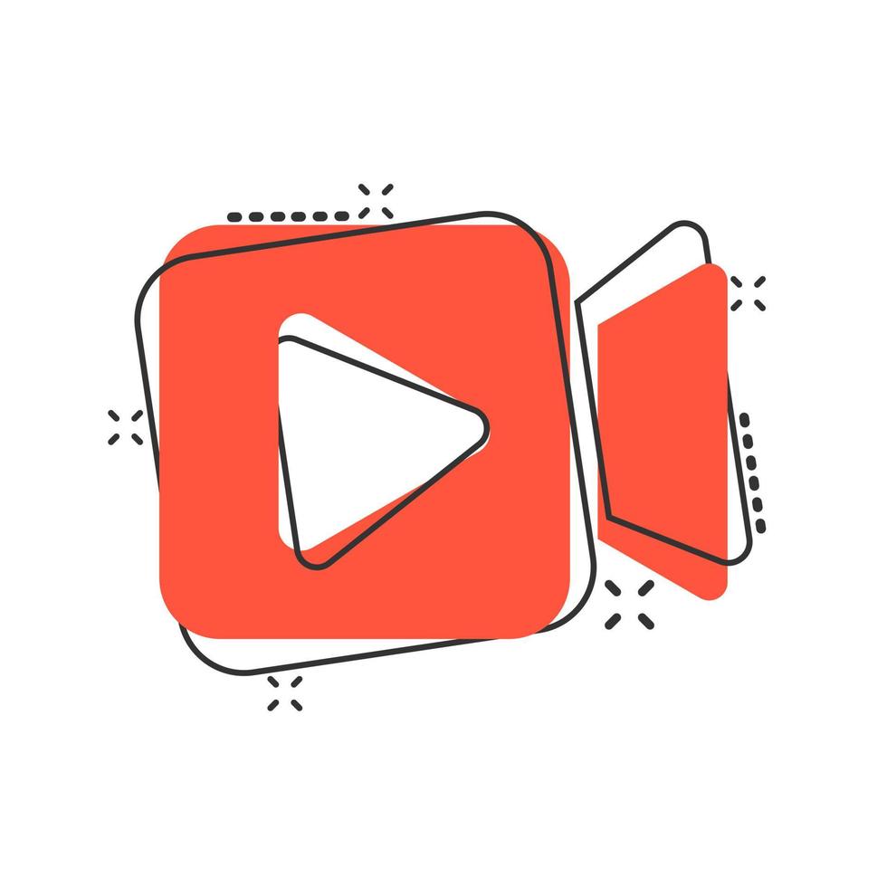 Video camera icon in comic style. Movie play vector cartoon illustration pictogram. Streaming business concept splash effect.