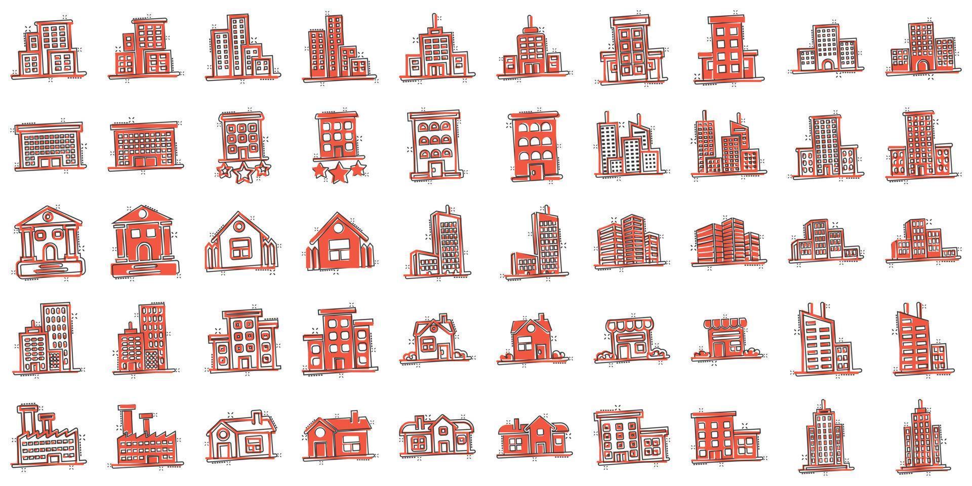 Building icon set in comic style. Town skyscraper apartment cartoon vector illustration on white isolated background. City tower splash effect business concept.