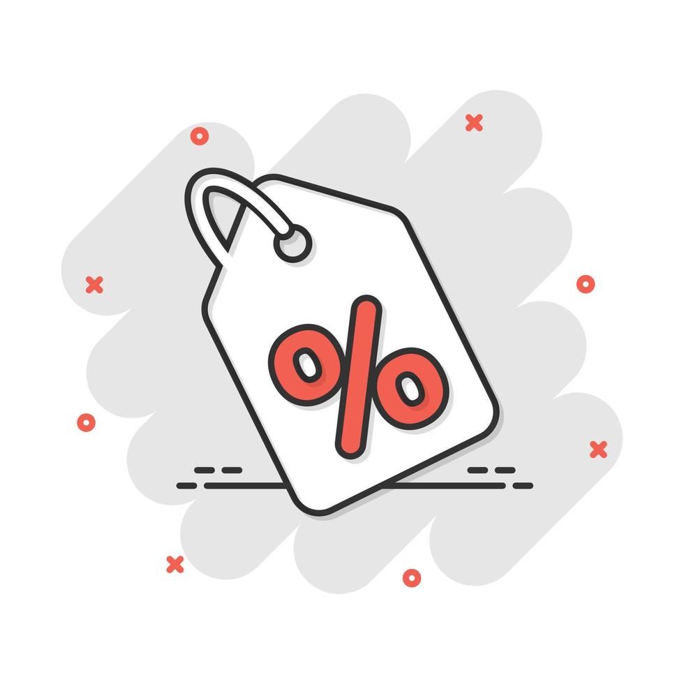 icono de etiqueta de compras de descuento de dibujos animados vectoriales en estilo cómico. pictograma de ilustración de concepto de cupón de porcentaje de descuento. concepto de efecto de salpicadura de insignia de tienda. vector