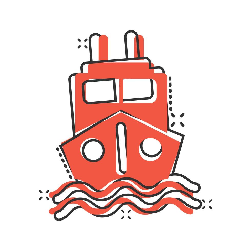 icono de barco de turismo en estilo cómico. ilustración de vector de dibujos animados de barco de pesca sobre fondo blanco aislado. concepto de negocio de efecto de salpicadura de destino de petrolero.