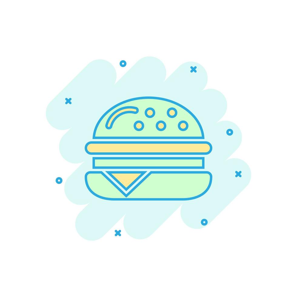 icono de signo de hamburguesa en estilo cómico. ilustración de dibujos animados de vector de hamburguesa sobre fondo blanco aislado. efecto de salpicadura de concepto de negocio de hamburguesa con queso.