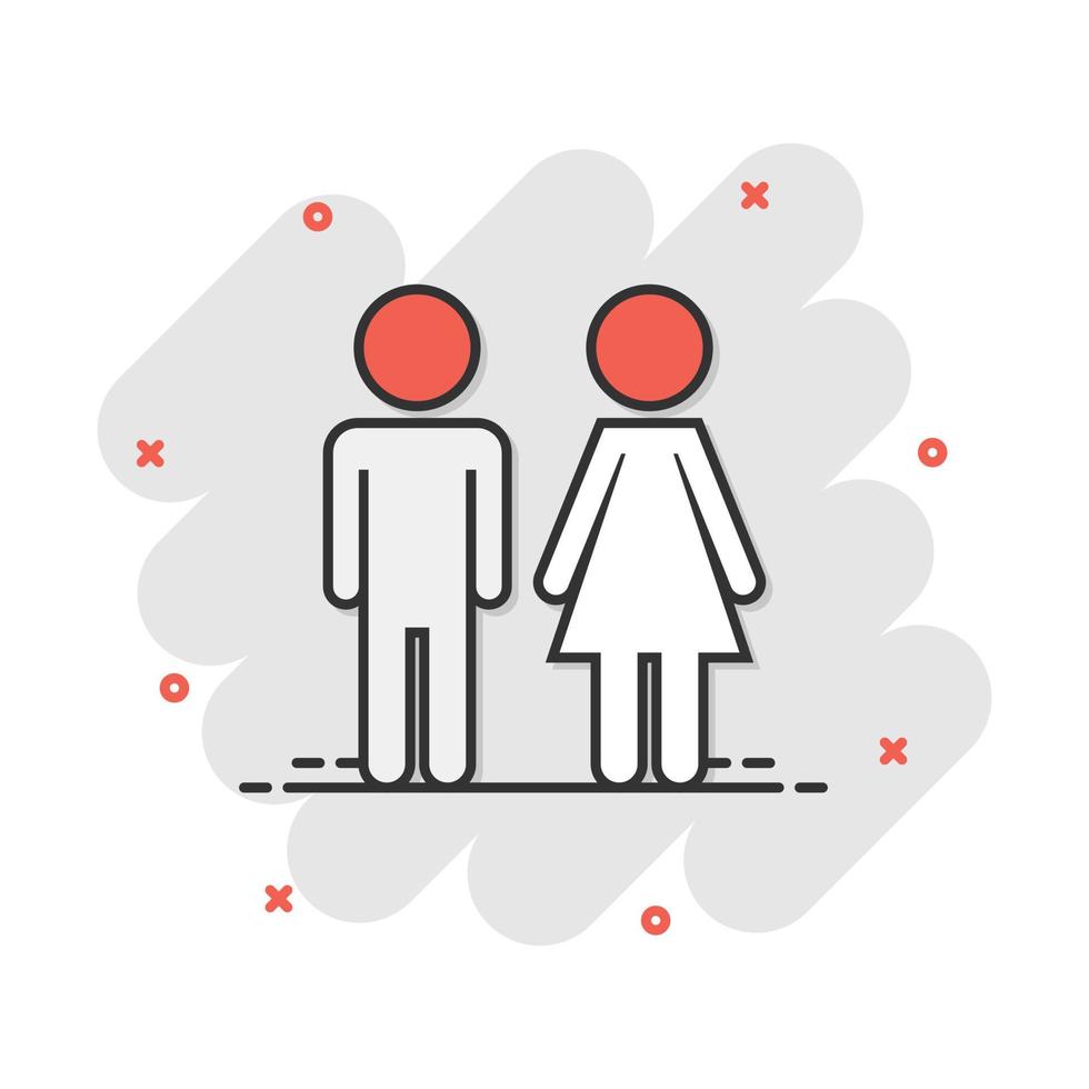 icono de hombre y mujer de dibujos animados vectoriales en estilo cómico. pictograma de ilustración de signo de wc. concepto de efecto de salpicadura de negocio de baño. vector