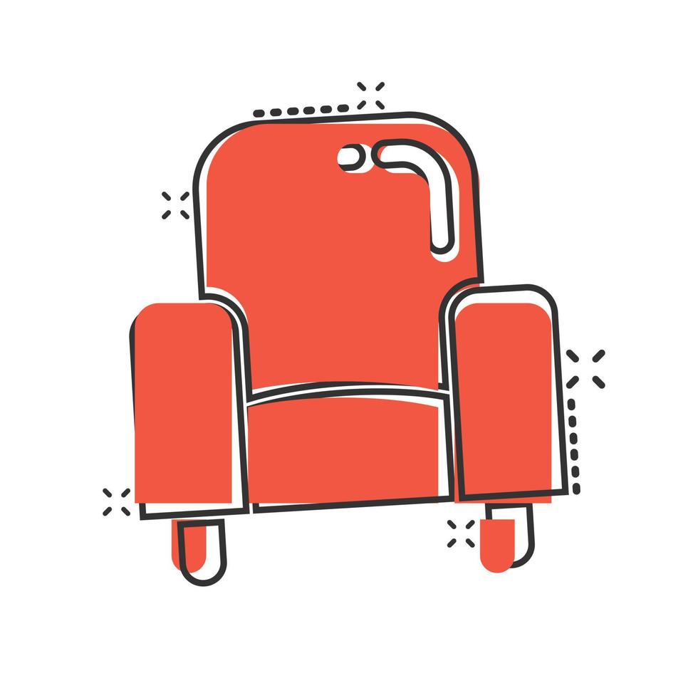 Cinema chair icon in comic style. Armchair cartoon vector illustration on white isolated background. Theater seat splash effect business concept.