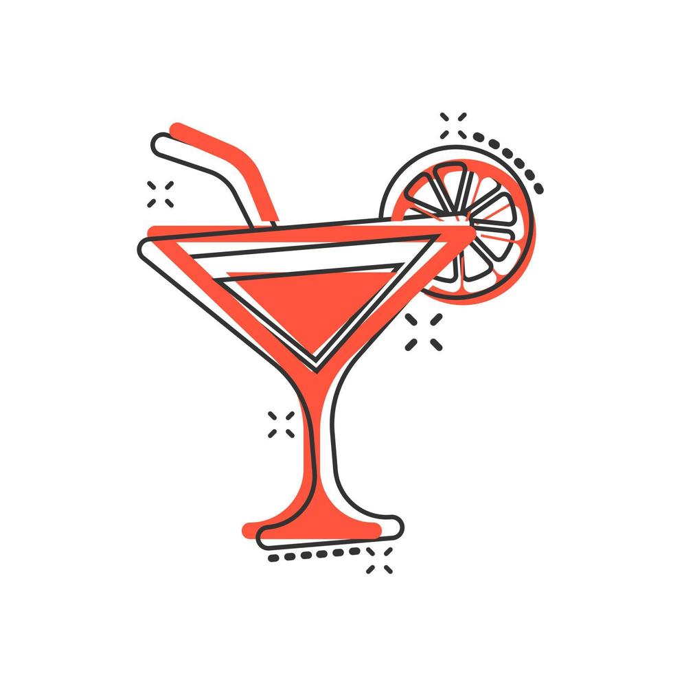 icono de cóctel de alcohol en estilo cómico. beber vidrio vector ilustración de dibujos animados sobre fondo blanco aislado. efecto de salpicadura del concepto de negocio líquido martini.