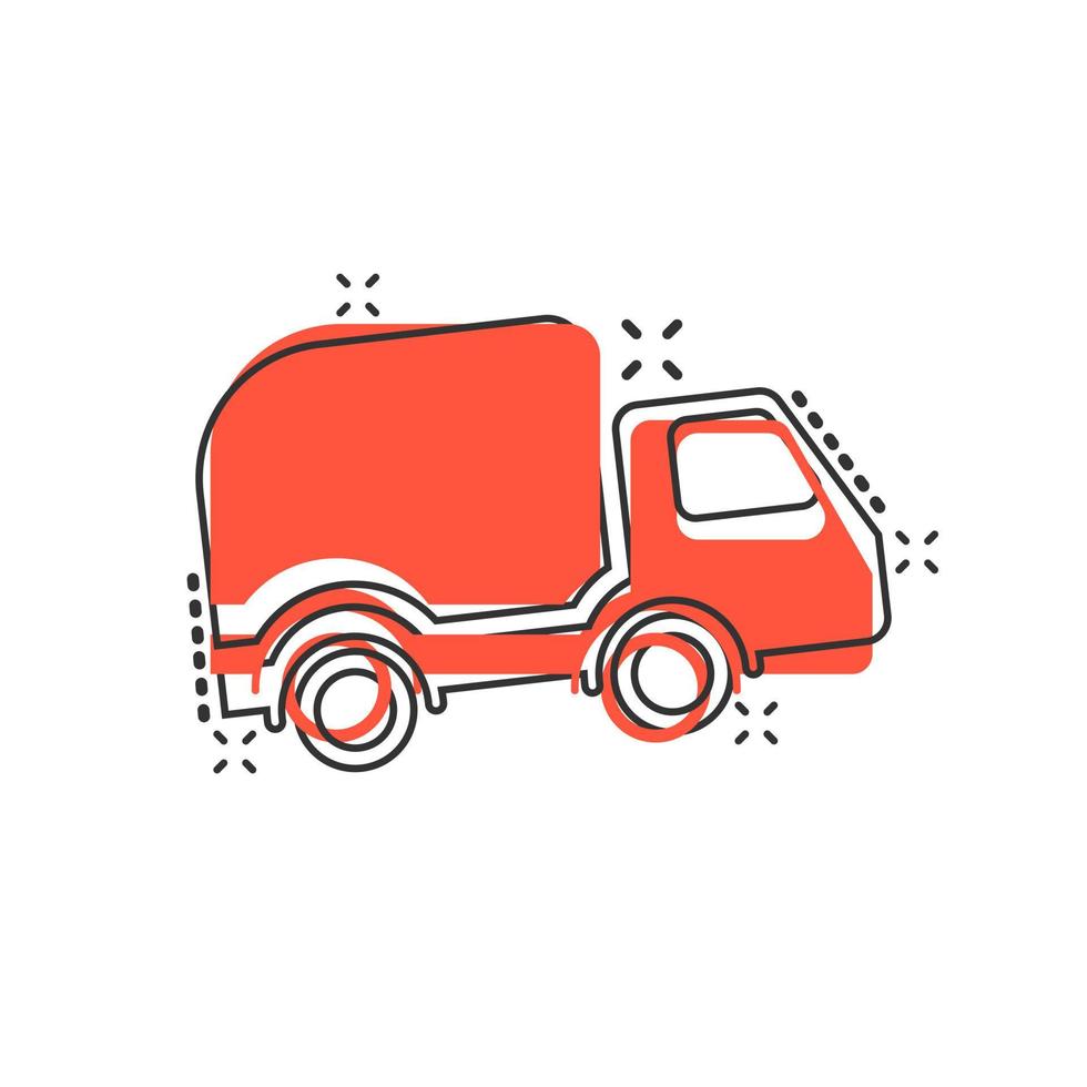 Delivery truck sign icon in comic style. Van vector cartoon illustration on white isolated background. Cargo car business concept splash effect.