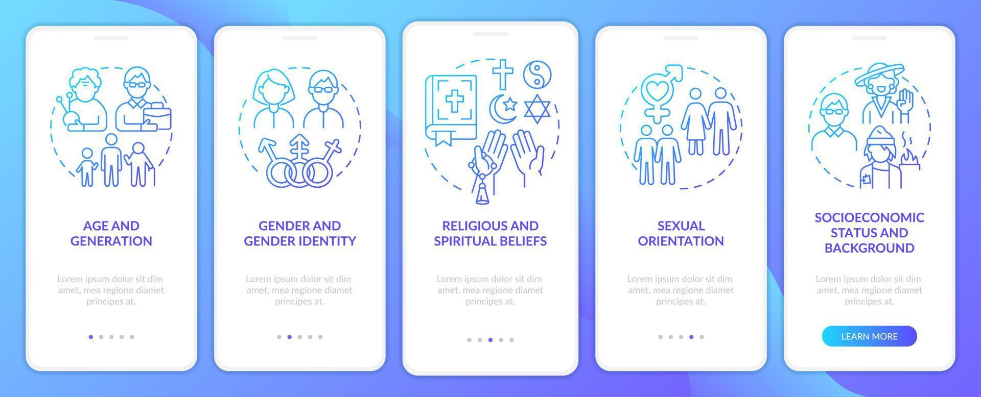 Types of diversity blue gradient onboarding mobile app screen. Differences walkthrough 5 steps graphic instructions with linear concepts. UI, UX, GUI template vector