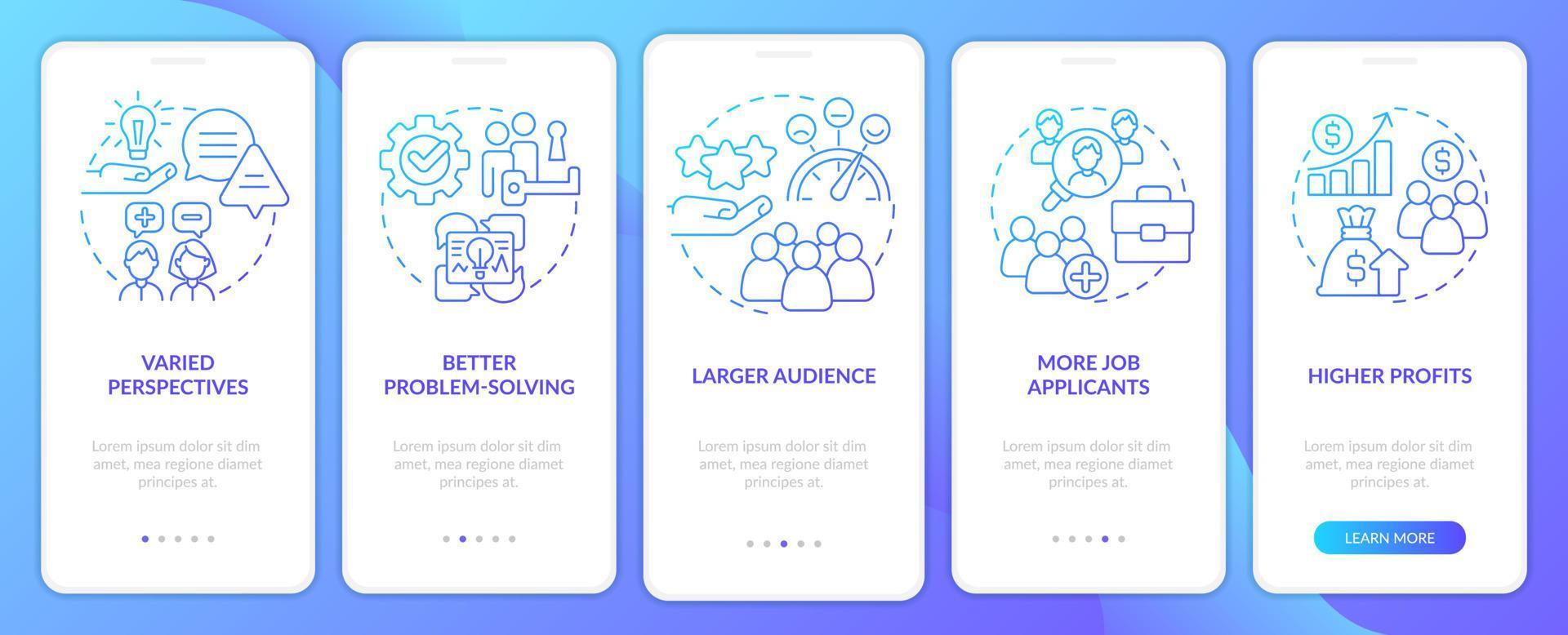 Workplace diversity advantages blue gradient onboarding mobile app screen. Walkthrough 5 steps graphic instructions with linear concepts. UI, UX, GUI template vector