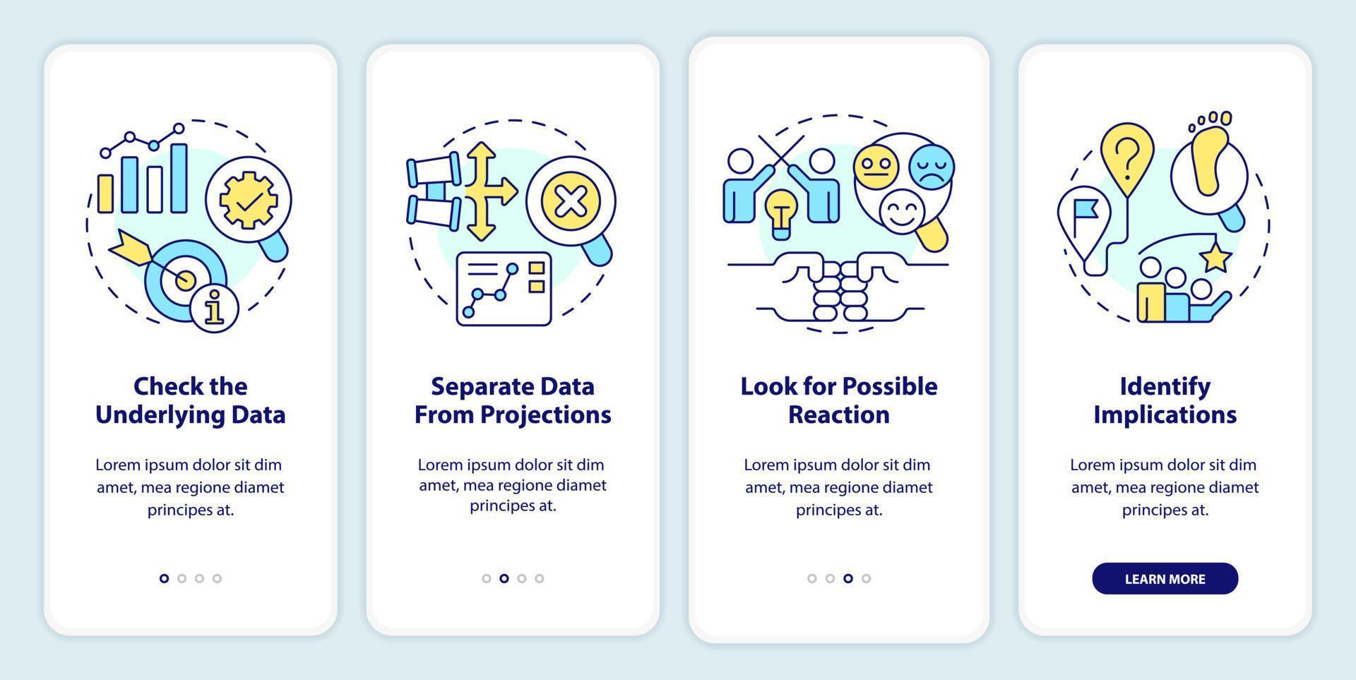 Trend evaluation onboarding mobile app screen. Management walkthrough 4 steps editable graphic instructions with linear concepts. UI, UX, GUI template vector