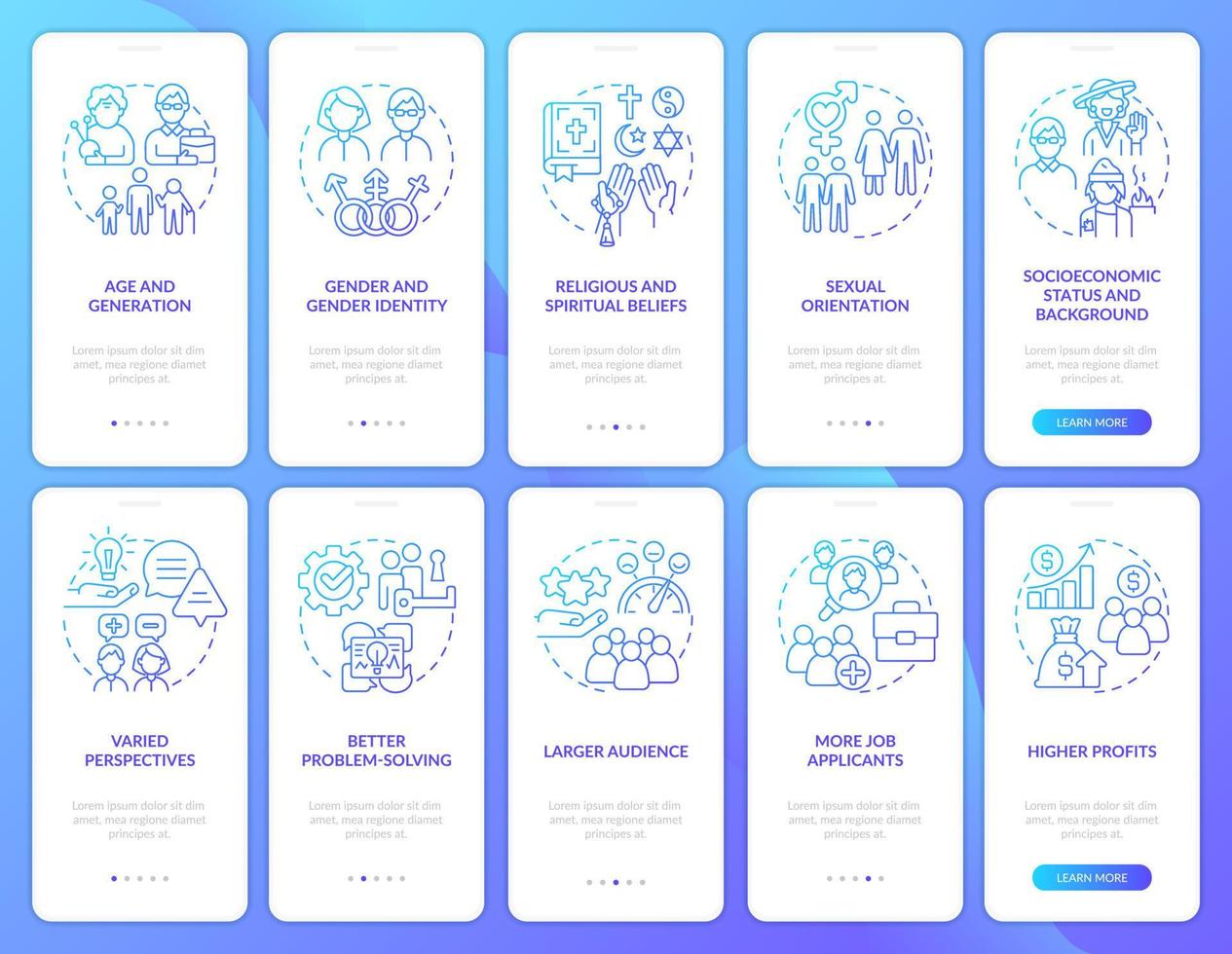 Diversity and inclusion blue gradient onboarding mobile app screen set. Walkthrough 5 steps graphic instructions with linear concepts. UI, UX, GUI template vector