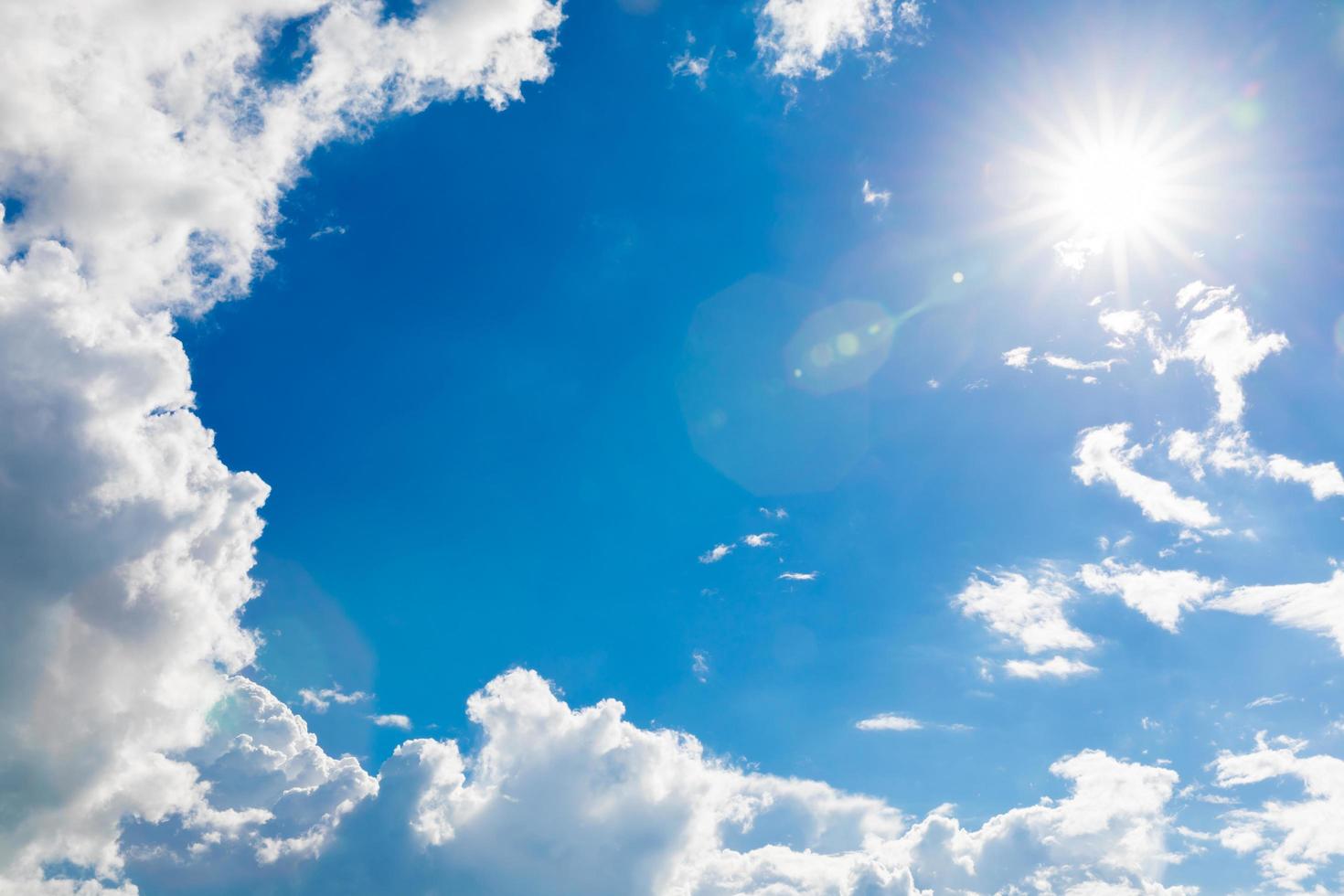 Blue sky with white clouds and sun Beautiful natural background photo