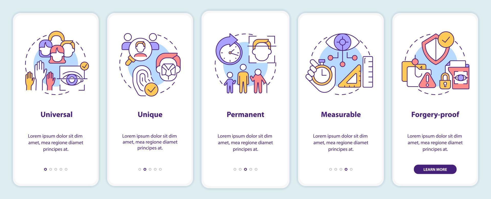 Advantages of biometric data onboarding mobile app screen. Identity walkthrough 5 steps editable graphic instructions with linear concepts. UI, UX, GUI template vector