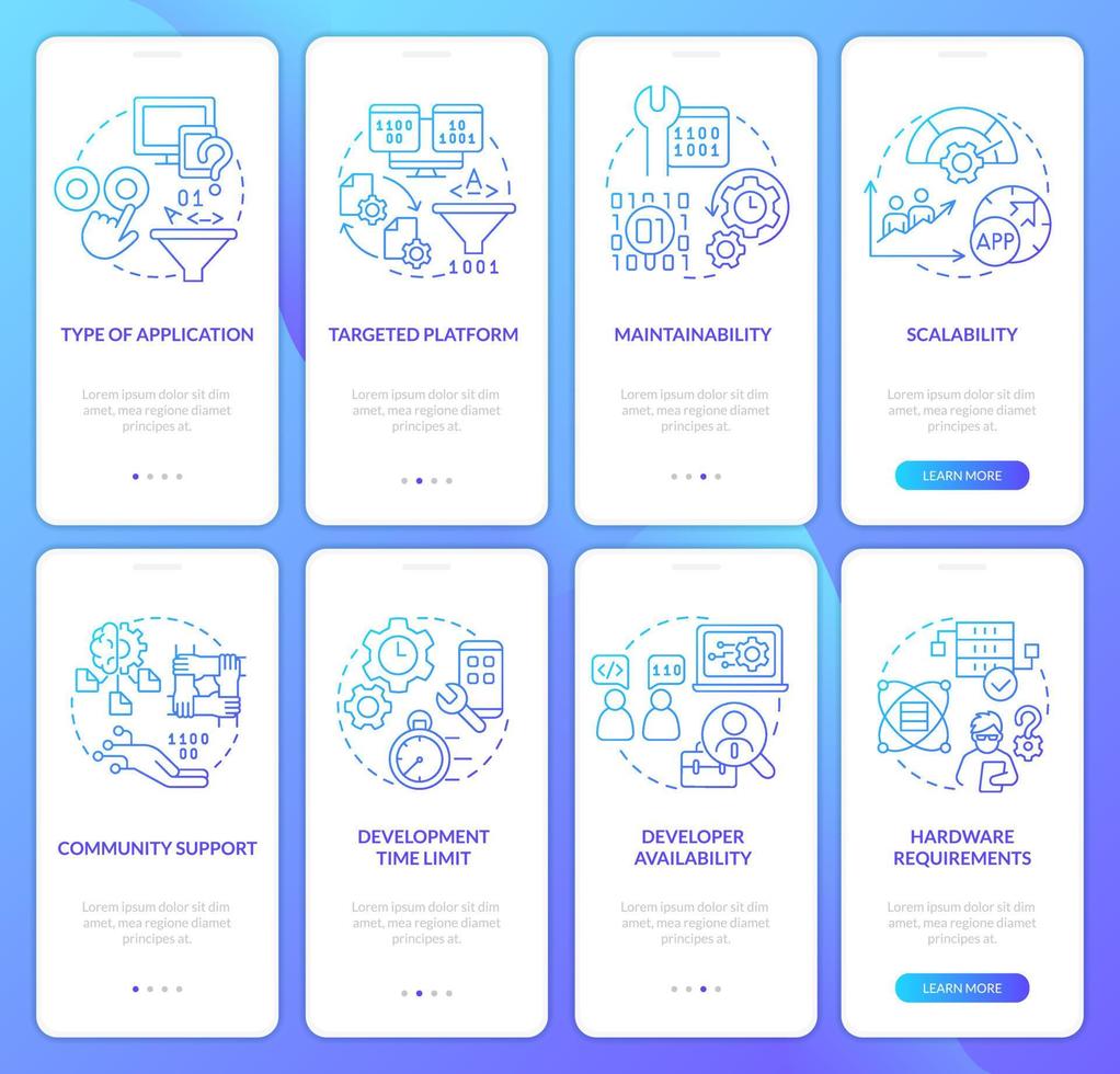 Programming language choice blue gradient onboarding mobile app screen set. Walkthrough 5 steps graphic instructions with linear concepts. UI, UX, GUI template vector